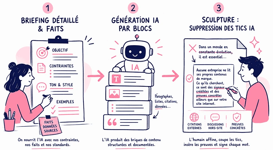[Briefing granulaire & Faits] ➔ [Génération IA par blocs] ➔ [Sculpture : Suppression des tics IA] 